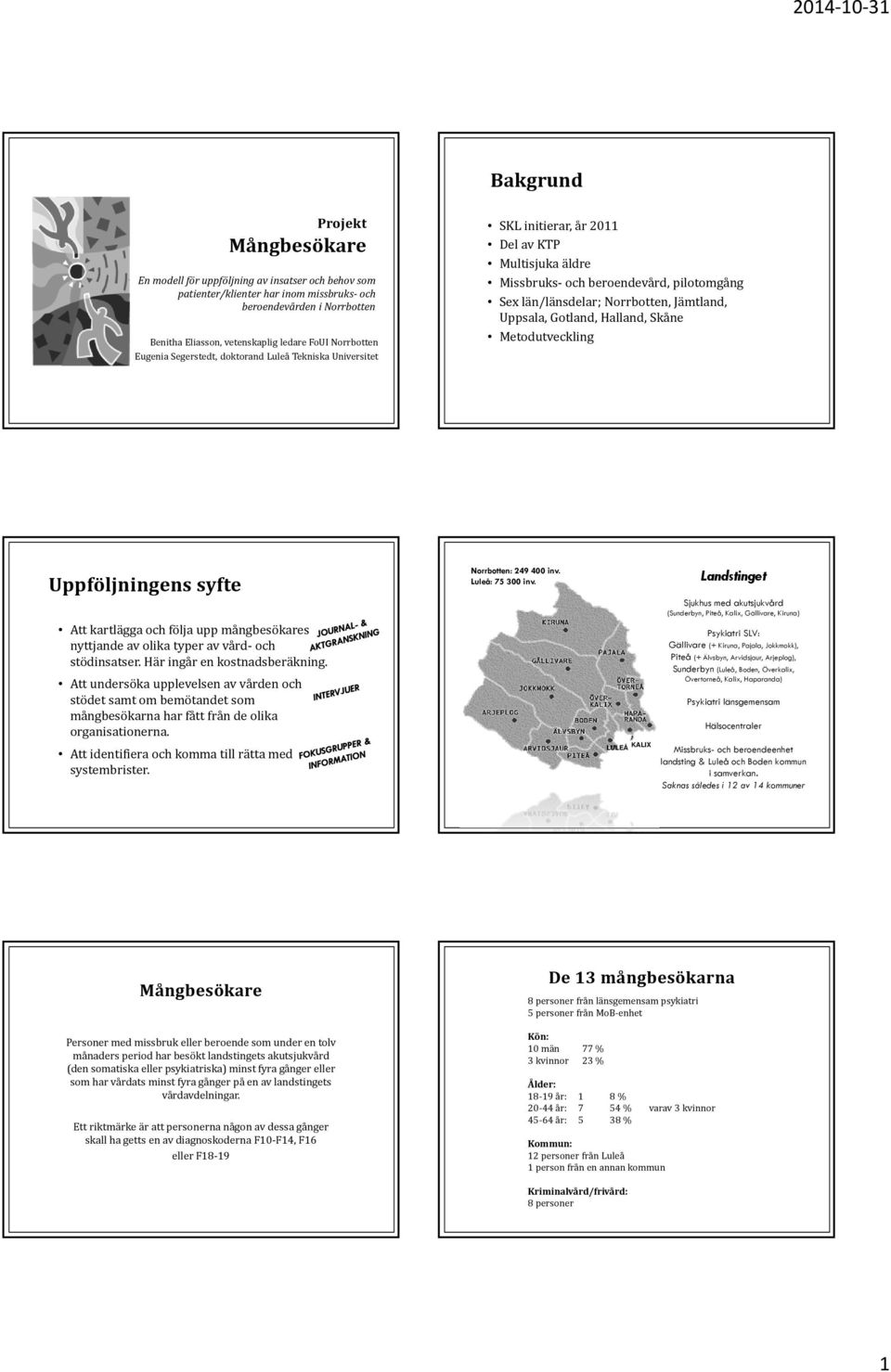 Uppsala, Gotland, Halland, Skåne Metodutveckling Uppföljningens syfte Att kartlägga och följa upp mångbesökares nyttjande av olika typer av vård och stödinsatser. Här ingår en kostnadsberäkning.