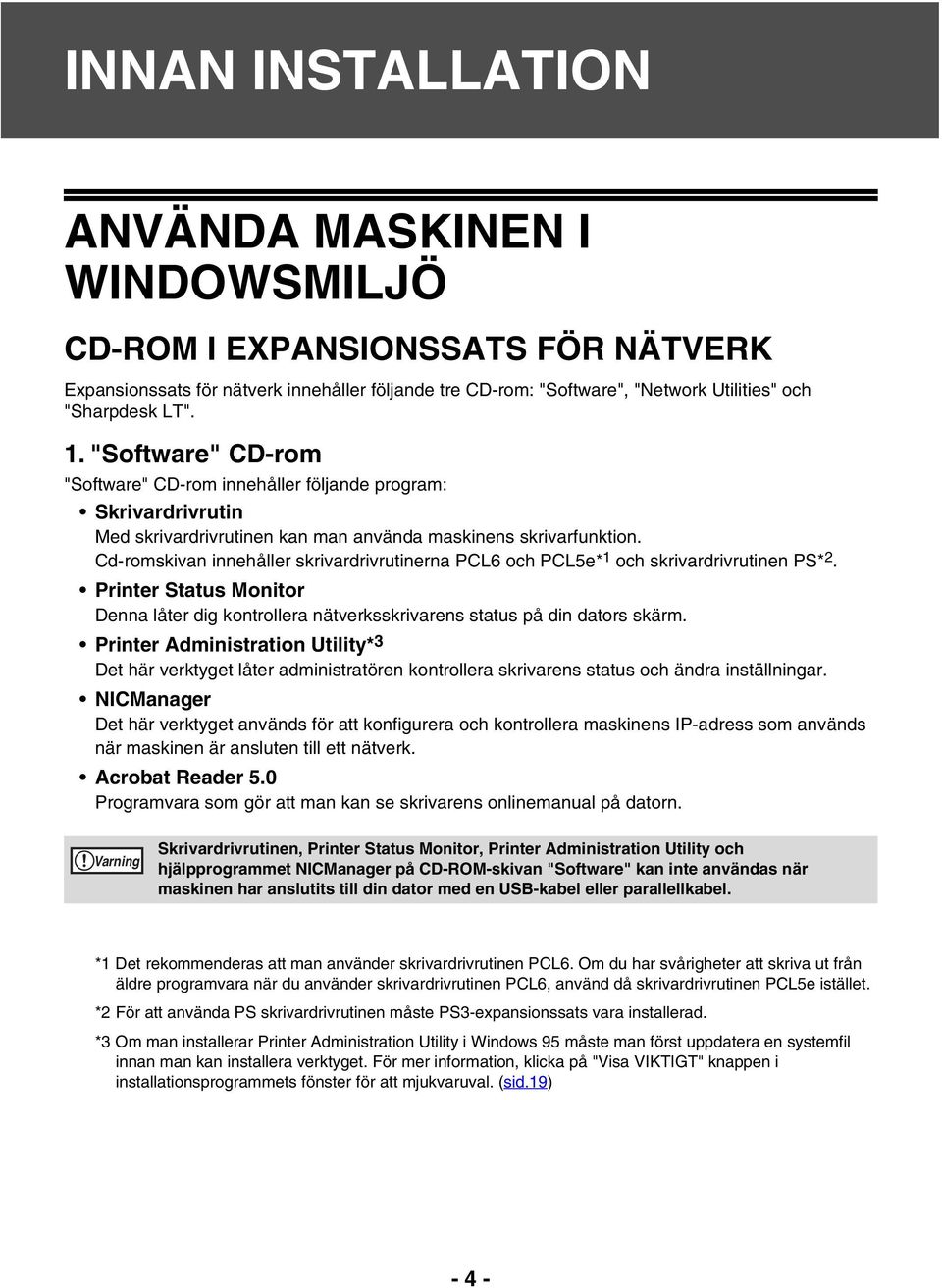 Cd-romskivan innehåller skrivardrivrutinerna PCL6 och PCL5e* och skrivardrivrutinen PS*. Printer Status Monitor Denna låter dig kontrollera nätverksskrivarens status på din dators skärm.