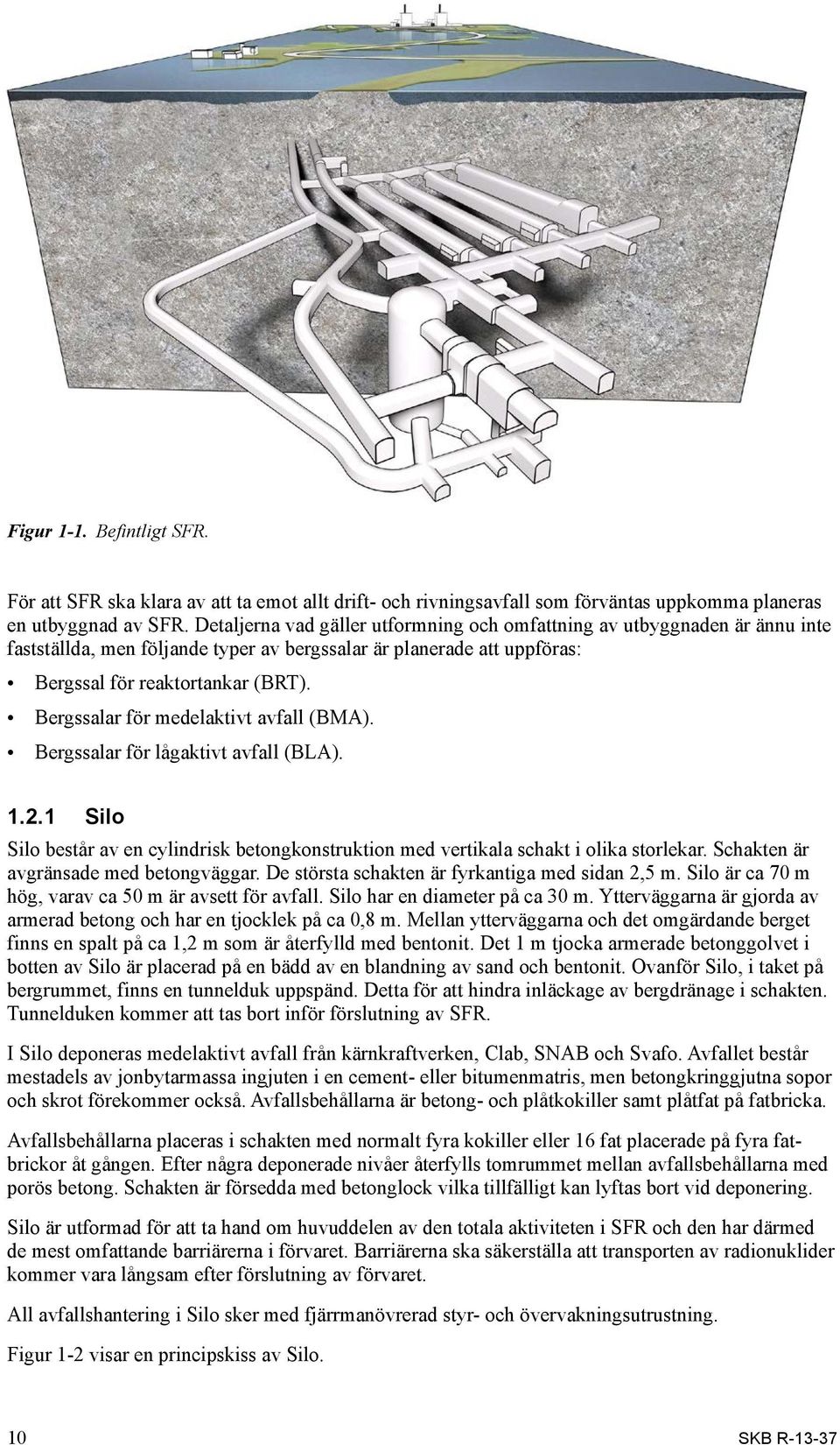 Bergssalar för medelaktivt avfall (BMA). Bergssalar för lågaktivt avfall (BLA). 1.2.1 Silo Silo består av en cylindrisk betongkonstruktion med vertikala schakt i olika storlekar.