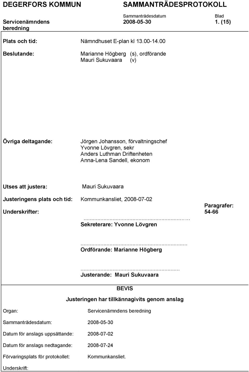 Sandell, ekonom Utses att justera: Mauri Sukuvaara Justeringens plats och tid: Kommunkansliet, 2008-07-02 Underskrifter:... Sekreterare: Yvonne Lövgren Paragrafer: 54-66.