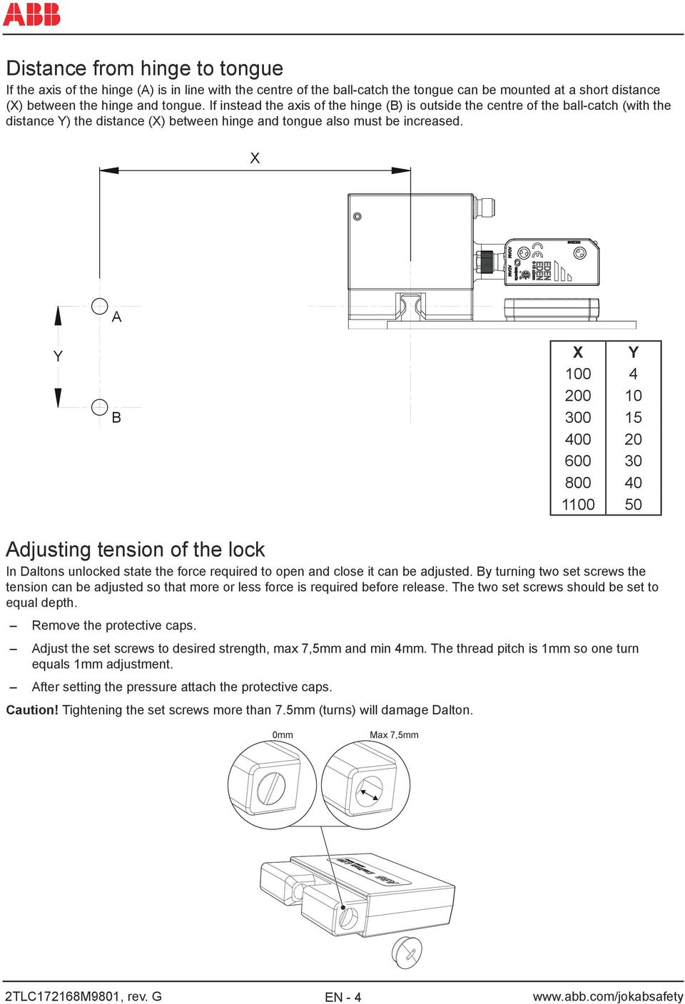 X A Y B X Y 100 4 200 10 300 15 400 20 600 30 800 40 1100 50 Adjusting tension of the lock In Daltons unlocked state the force required to open and close it can be adjusted.