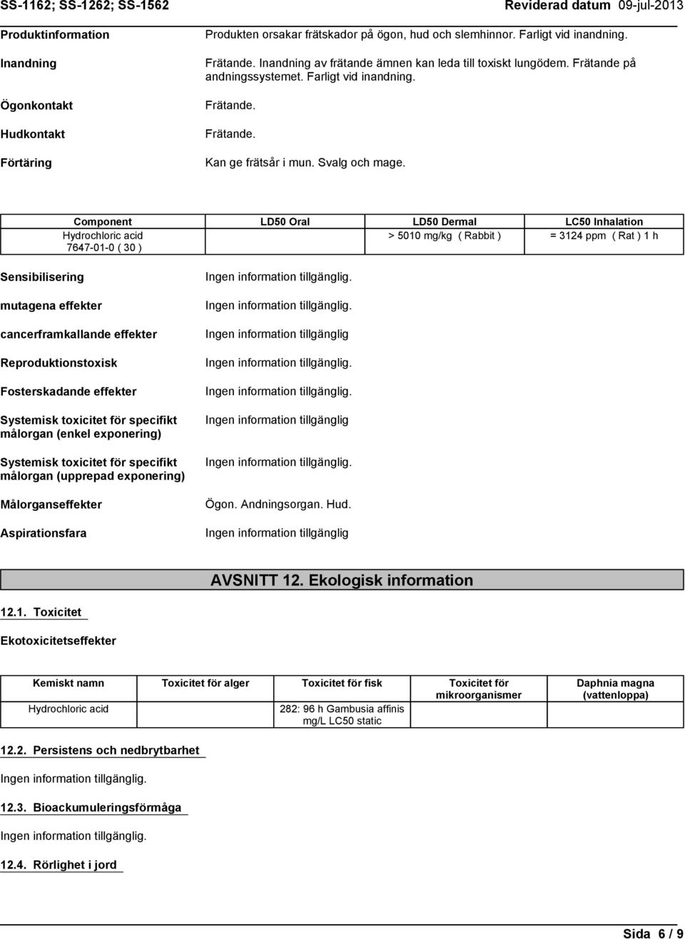 Component 7647-01-0 ( 30 ) LD50 Oral LD50 Dermal > 5010 mg/kg ( Rabbit ) LC50 Inhalation = 3124 ppm ( Rat ) 1 h Sensibilisering. mutagena effekter. cancerframkallande effekter Reproduktionstoxisk.