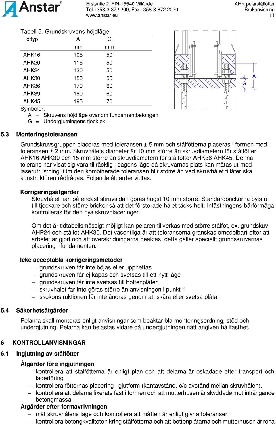 Undergjutningens tjocklek G A 5.3 Monteringstoleransen Grundskruvsgruppen placeras med toleransen ± 5 mm och stålfötterna placeras i formen med toleransen ± 2 mm.