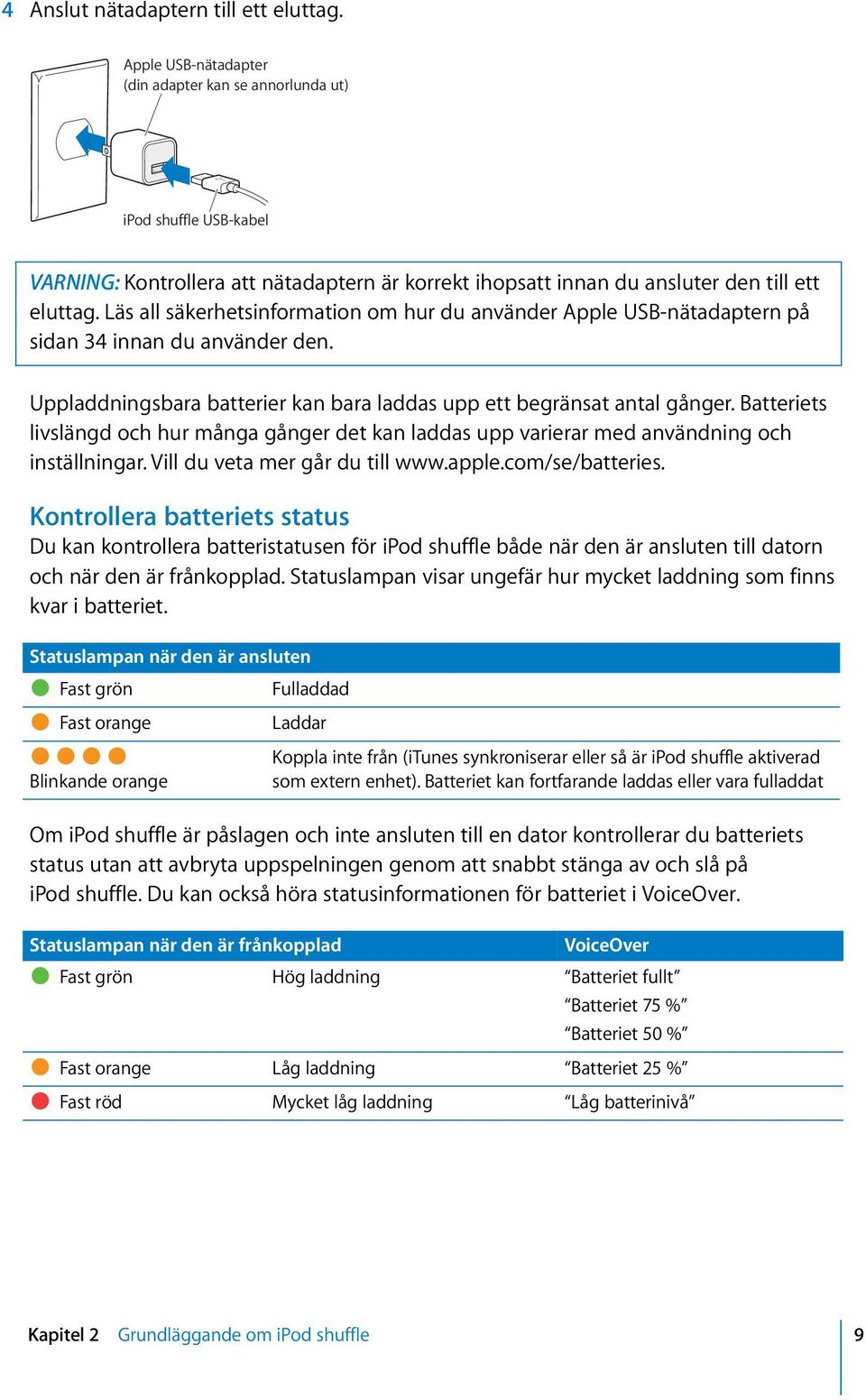 Läs all säkerhetsinformation om hur du använder Apple USB-nätadaptern på sidan 34 innan du använder den. Uppladdningsbara batterier kan bara laddas upp ett begränsat antal gånger.