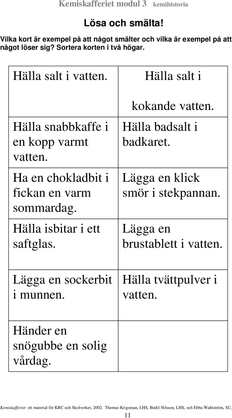 Ha en chokladbit i fickan en varm sommardag. Hälla isbitar i ett saftglas. Lägga en sockerbit i munnen.