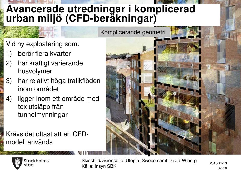 ligger inom ett område med tex utsläpp från tunnelmynningar Komplicerande geometri Krävs det oftast