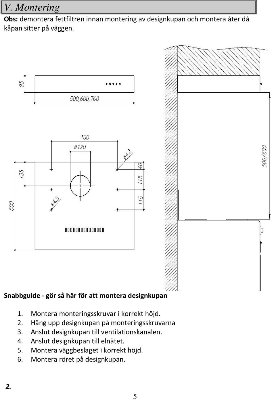 Montera monteringsskruvar i korrekt höjd. 2. Häng upp designkupan på monteringsskruvarna 3.