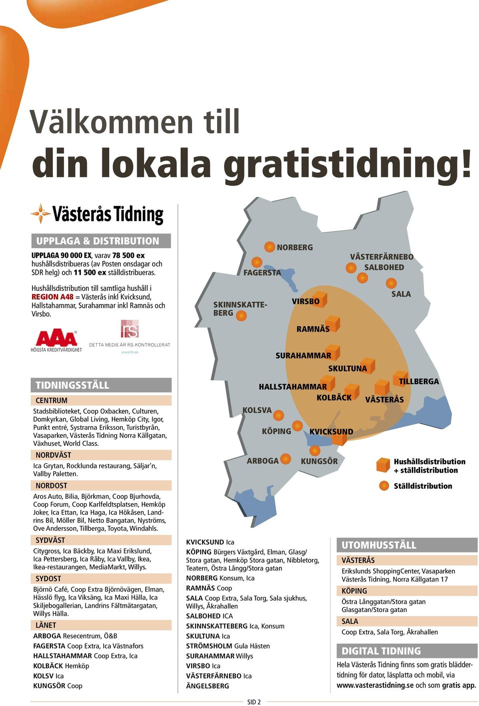Hushållsdistribution till samtliga hushåll i Region A48 = Västerås inkl Kvicksund, Hallstahammar, Surahammar inkl Ramnäs och Virsbo SKINNSKATTE- BERG VIRSBO SALA RAMNÄS högsta kreditvärdighet