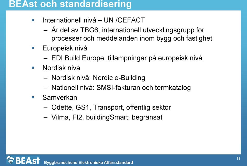 Europe, tillämpningar på europeisk nivå Nordisk nivå Nordisk nivå: Nordic e-building Nationell nivå: