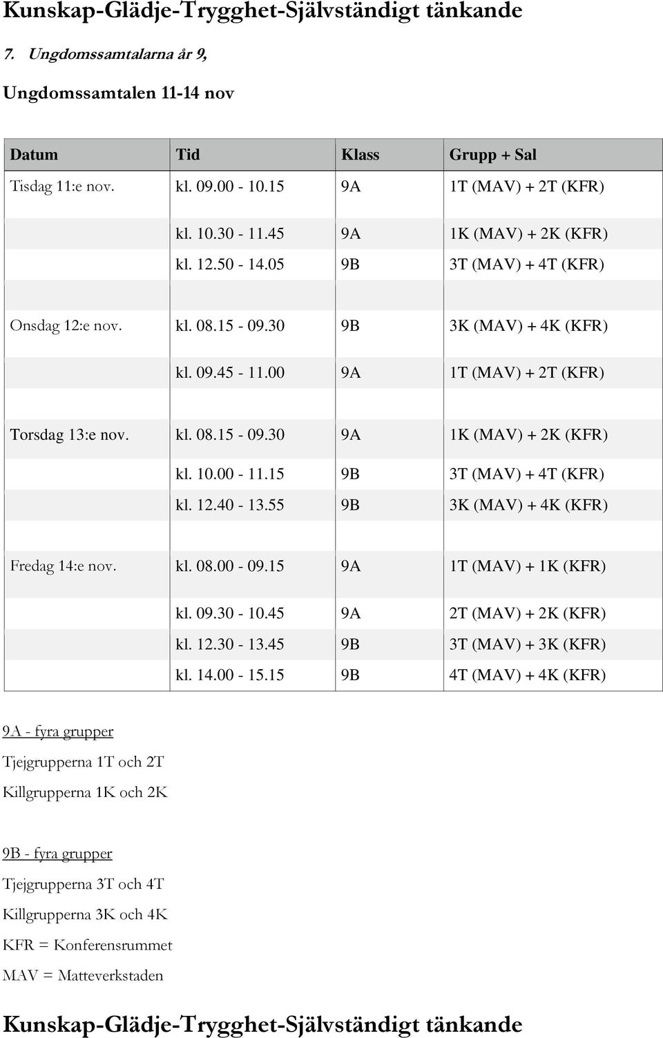 15 9B 3T (MAV) + 4T (KFR) kl. 12.40-13.55 9B 3K (MAV) + 4K (KFR) Fredag 14:e nov. kl. 08.00-09.15 9A 1T (MAV) + 1K (KFR) kl. 09.30-10.45 9A 2T (MAV) + 2K (KFR) kl. 12.30-13.