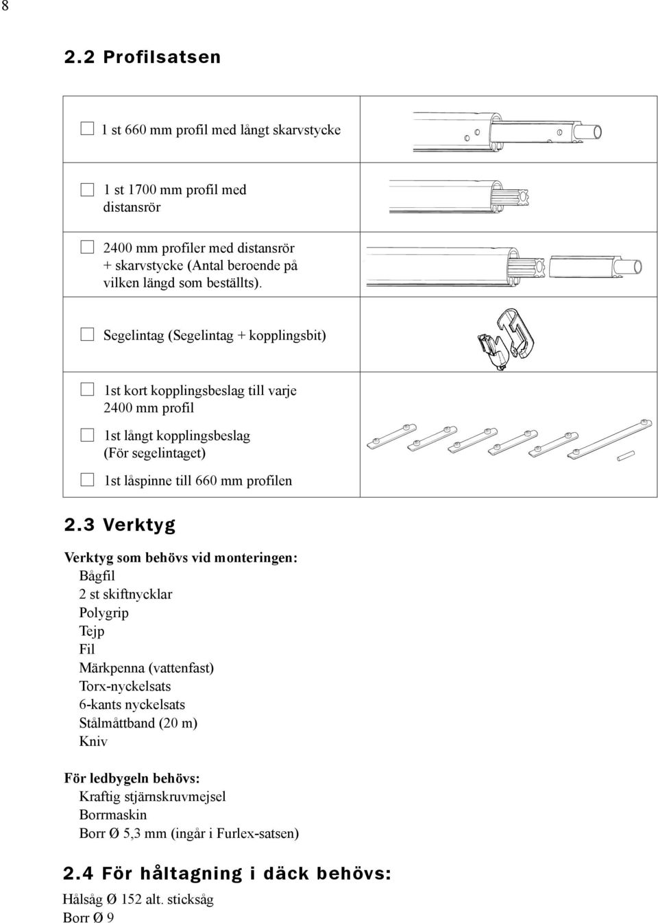 Segelintag (Segelintag + kopplingsbit) 1st kort kopplingsbeslag till varje 2400 mm profil 1st långt kopplingsbeslag (För segelintaget) 1st låspinne till 660 mm profilen 2.