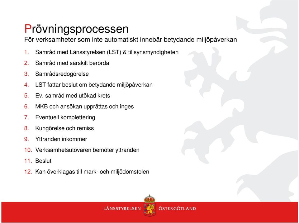 LST fattar beslut om betydande miljöpåverkan 5. Ev. samråd med utökad krets 6. MKB och ansökan upprättas och inges 7.