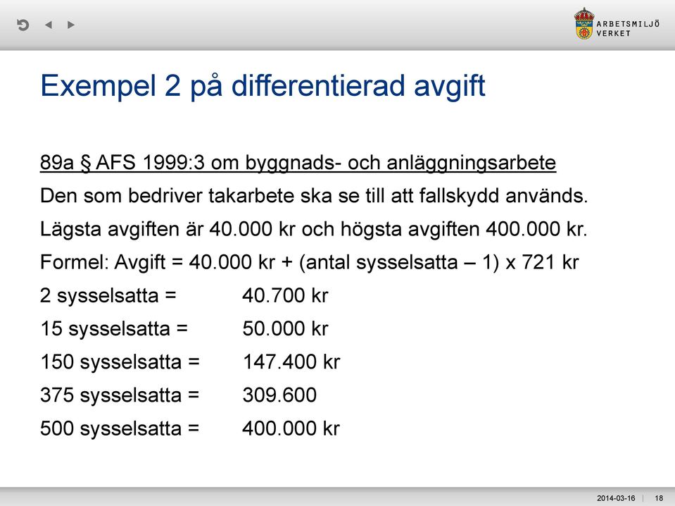 000 kr + (antal sysselsatta 1) x 721 kr 2 sysselsatta = 40.700 kr 15 sysselsatta = 50.