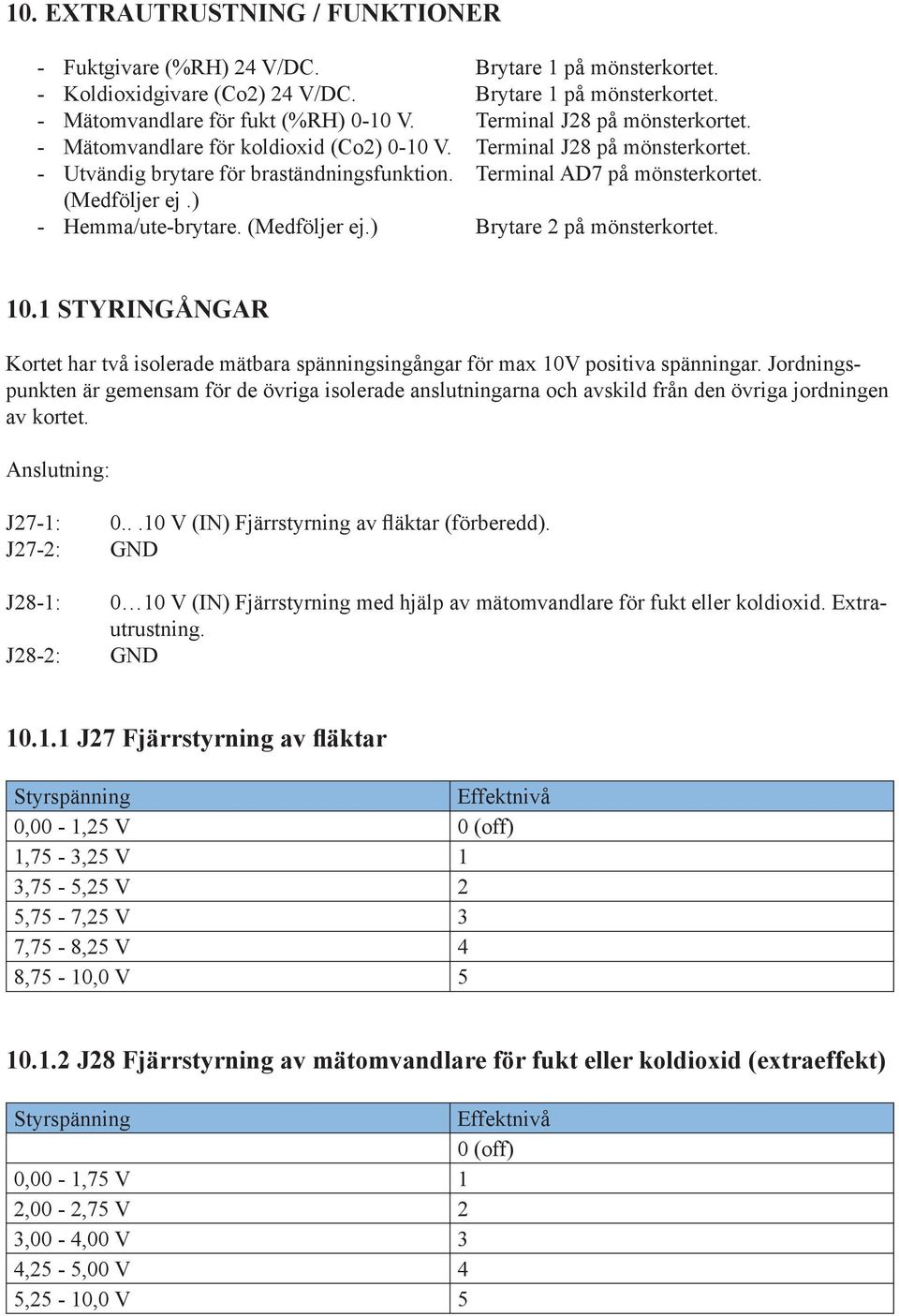 ) - Hemma/ute-brytare. (Medföljer ej.) Brytare 2 på mönsterkortet. 10.1 STYRINGÅNGAR Kortet har två isolerade mätbara spänningsingångar för max 10V positiva spänningar.