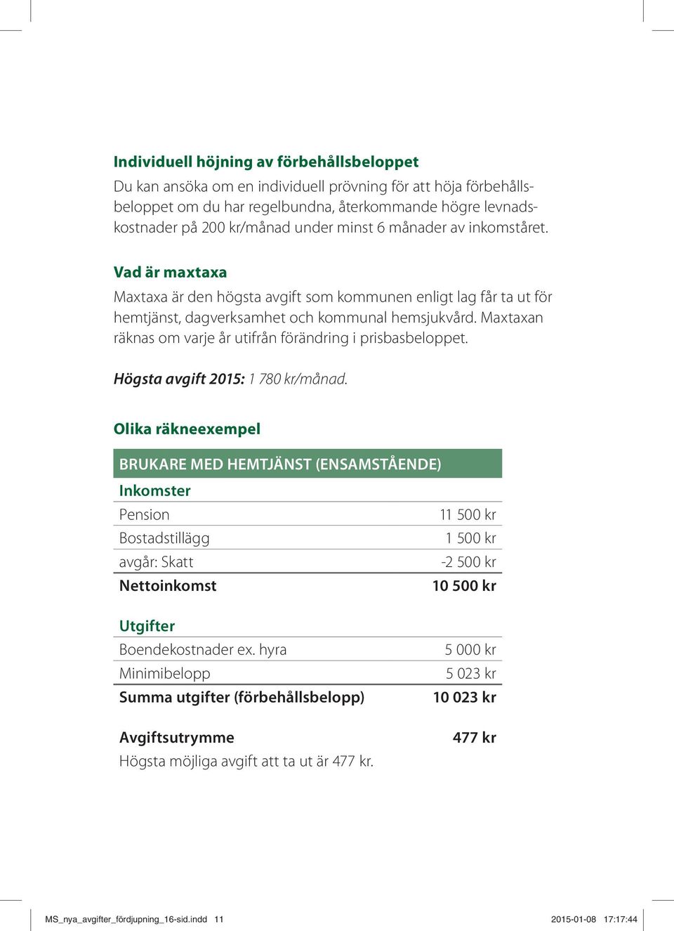 Maxtaxan räknas om varje år utifrån förändring i prisbasbeloppet. Högsta avgift 2015: 1 780 kr/månad.