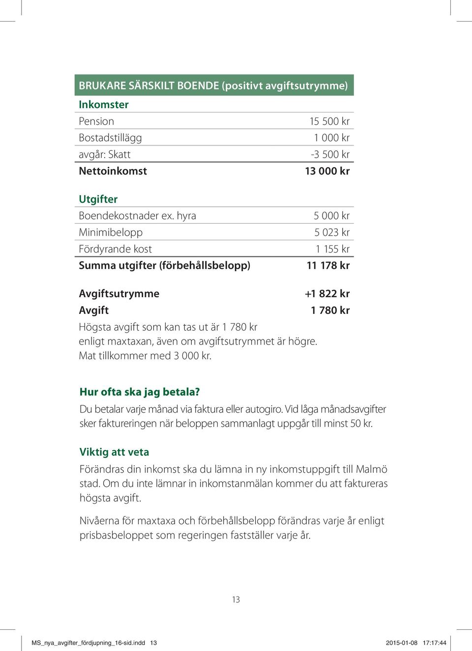 780 kr enligt maxtaxan, även om avgiftsutrymmet är högre. Mat tillkommer med 3 000 kr. +1 822 kr 1 780 kr Hur ofta ska jag betala? Du betalar varje månad via faktura eller autogiro.