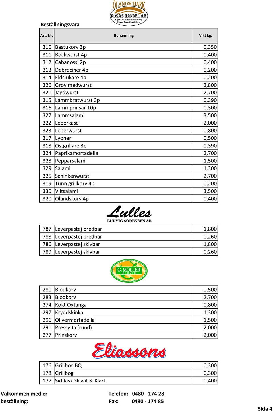 Lammprinsar 10p 0,300 327 Lammsalami 3,500 322 Leberkäse 2,000 323 Leberwurst 0,800 317 Lyoner 0,500 318 Ostgrillare 3p 0,390 324 Paprikamortadella 2,700 328 Pepparsalami 1,500 329 Salami 1,300 325