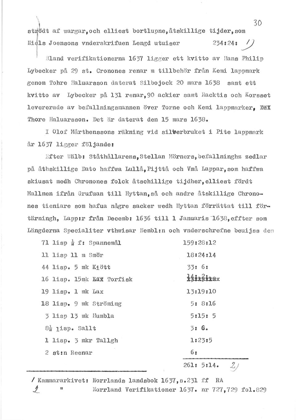 befallningsmannen Över Torne och Kemi lappmarker f B8X Thore Haluarsson* Det är daterat den 15 mars 1638«I Olof Mårthenssons räkning vid silverbruket i Pite lappmark år 1637 ligger följande?