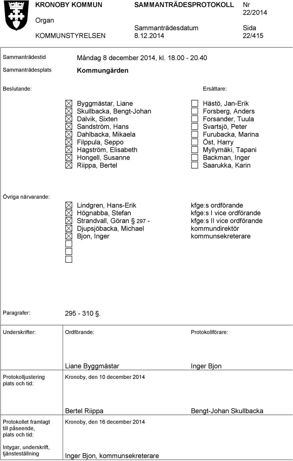 Susanne Riippa, Bertel Hästö, Jan-Erik Forsberg, Anders Forsander, Tuula Svartsjö, Peter Furubacka, Marina Öst, Harry Myllymäki, Tapani Backman, Inger Saarukka, Karin Övriga närvarande: Lindgren,