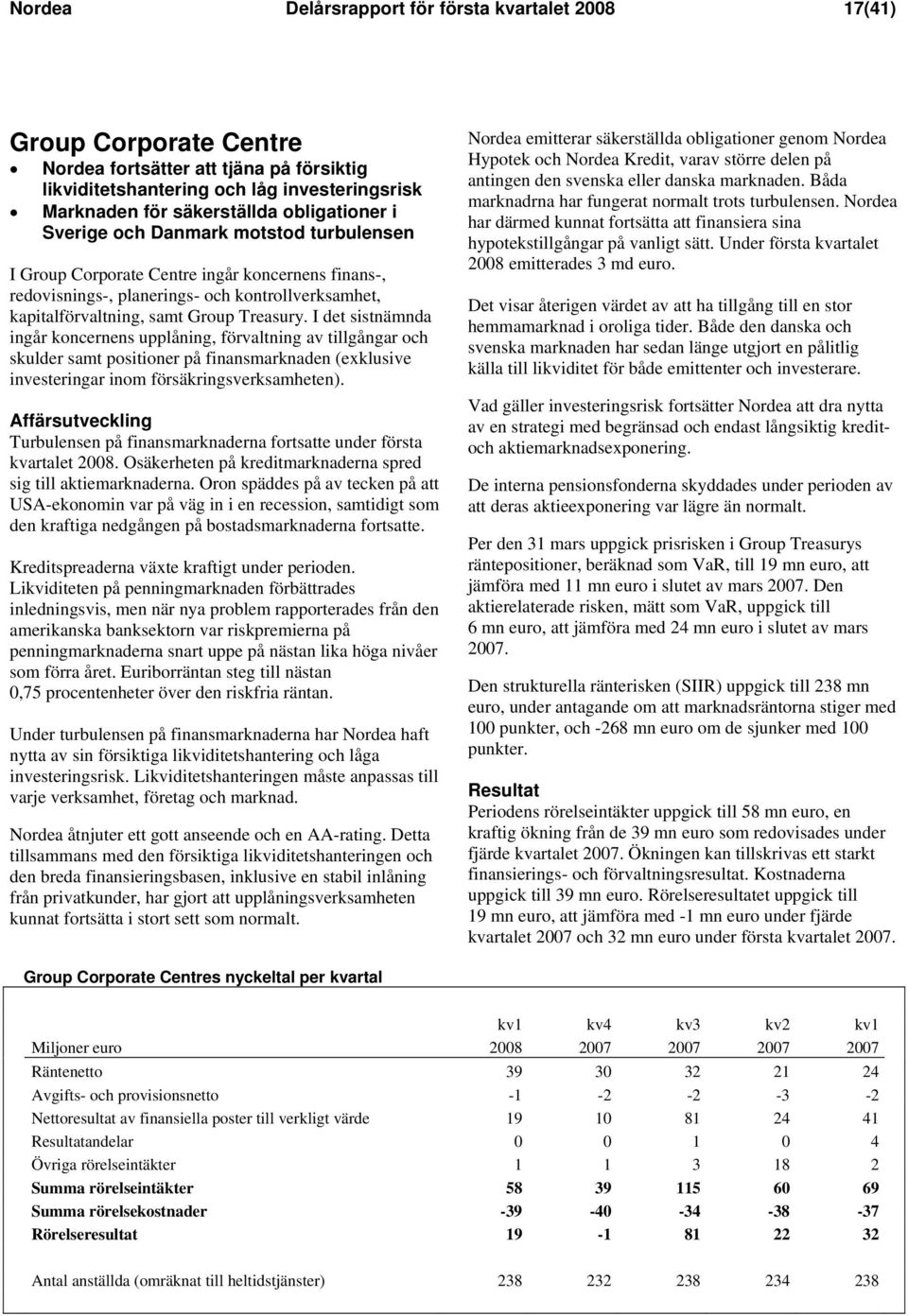 I det sistnämnda ingår koncernens upplåning, förvaltning av tillgångar och skulder samt positioner på finansmarknaden (exklusive investeringar inom försäkringsverksamheten).