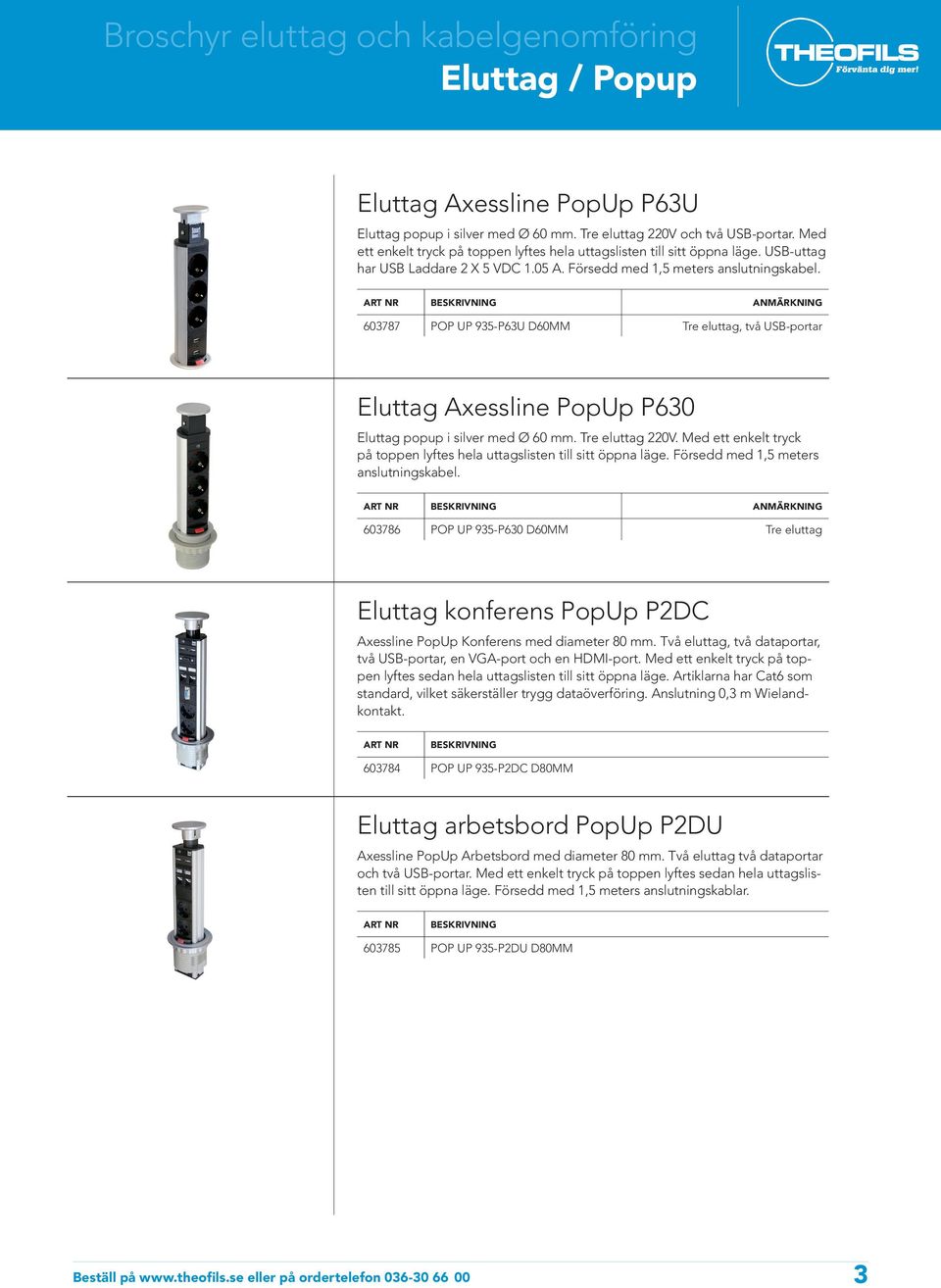 ANMÄRKNING 603787 POP UP 935-P63U D60MM Tre eluttag, två USB-portar Eluttag Axessline PopUp P630 Eluttag popup i silver med Ø 60 mm. Tre eluttag 220V.