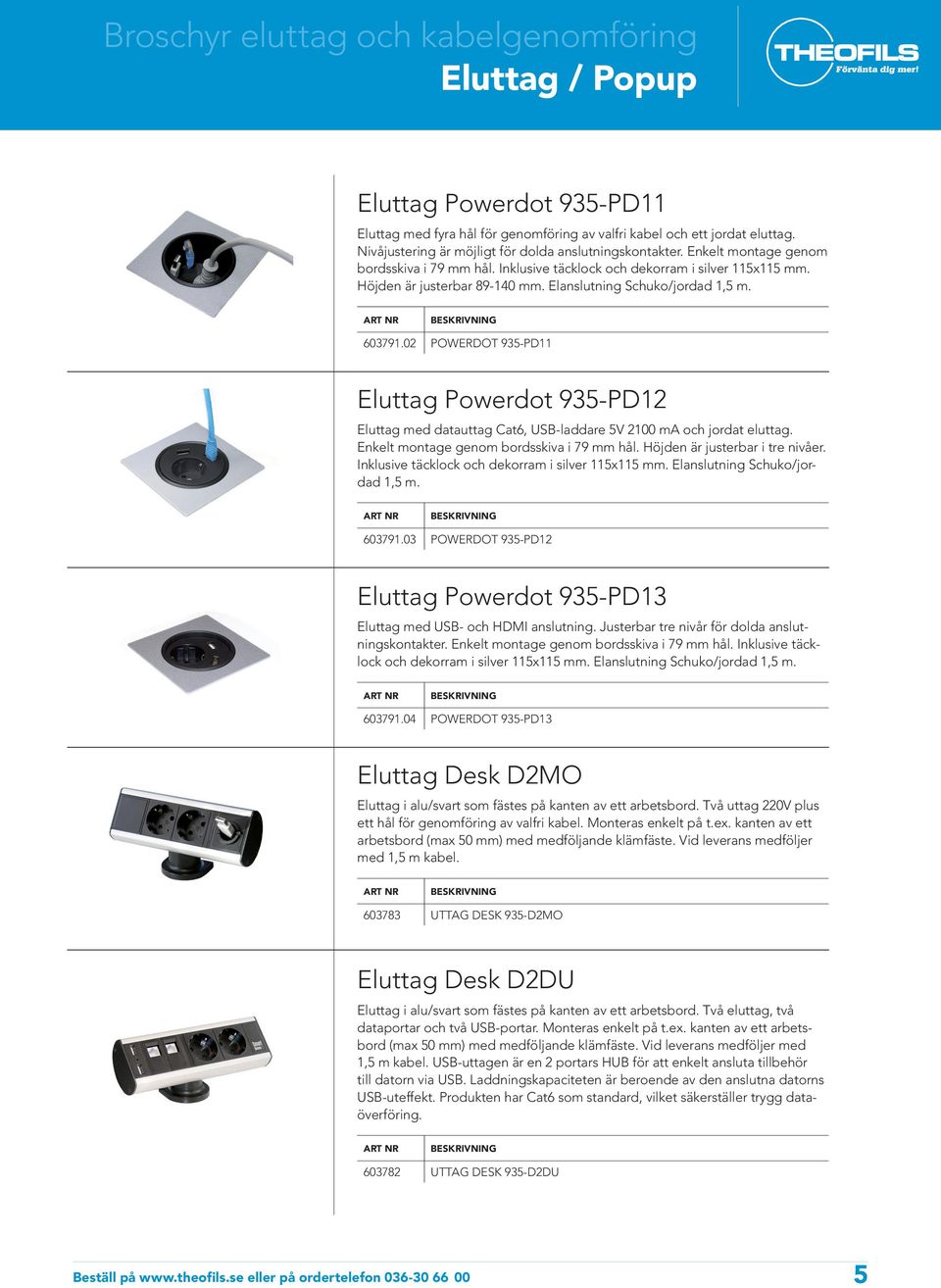 02 POWERDOT 935-PD11 Eluttag Powerdot 935-PD12 Eluttag med datauttag Cat6, USB-laddare 5V 2100 ma och jordat eluttag. Enkelt montage genom bordsskiva i 79 mm hål. Höjden är justerbar i tre nivåer.