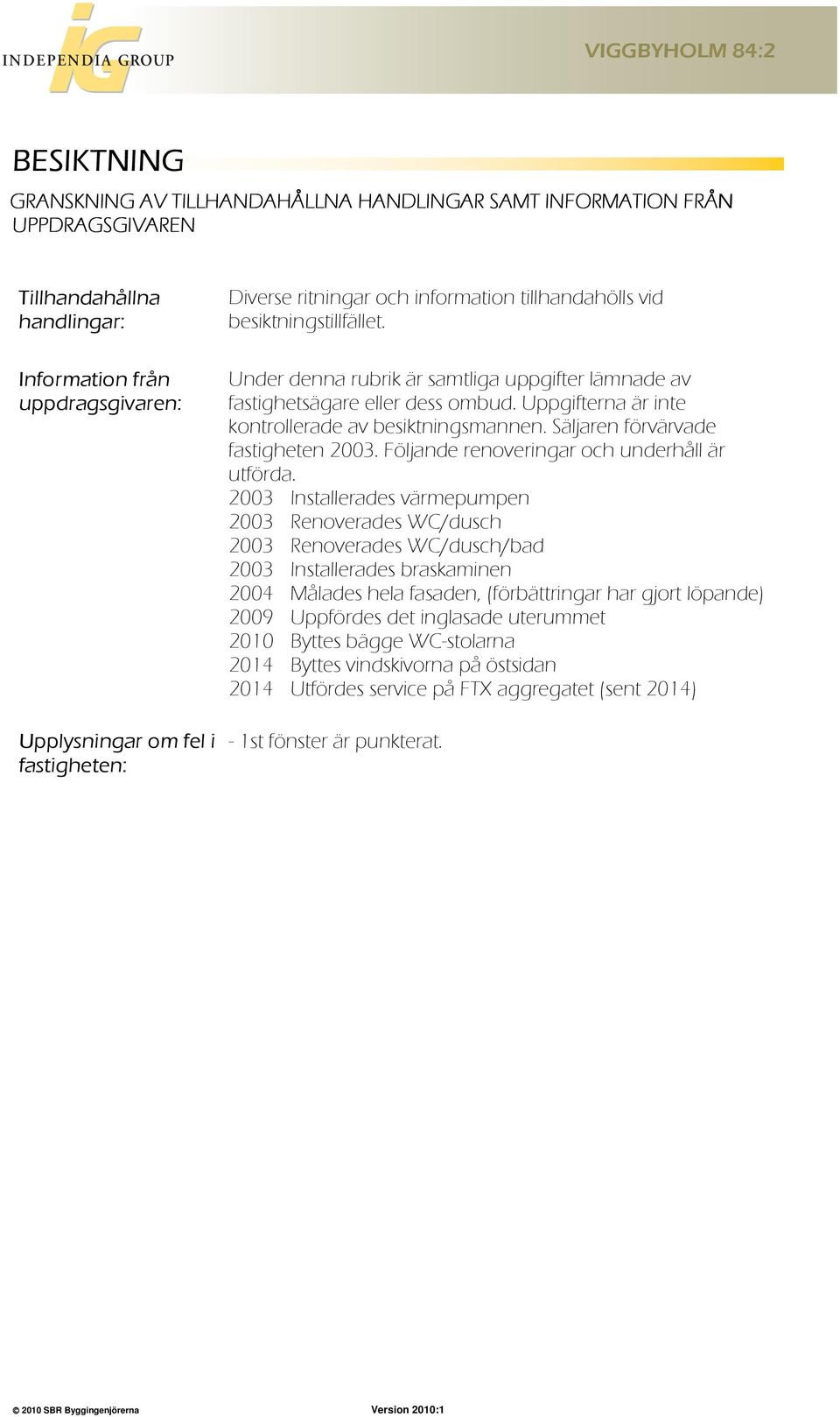 Uppgifterna är inte kontrollerade av besiktningsmannen. Säljaren förvärvade fastigheten 2003. Följande renoveringar och underhåll är utförda.