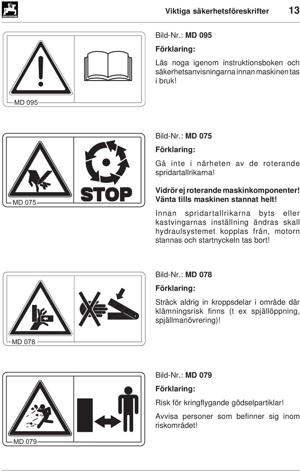 nnan spridartallrikarna byts eller kastvingarnas inställning ändras skall hydraulsystemet kopplas från, motorn stannas och startnyckeln tas bort! Bild-Nr.