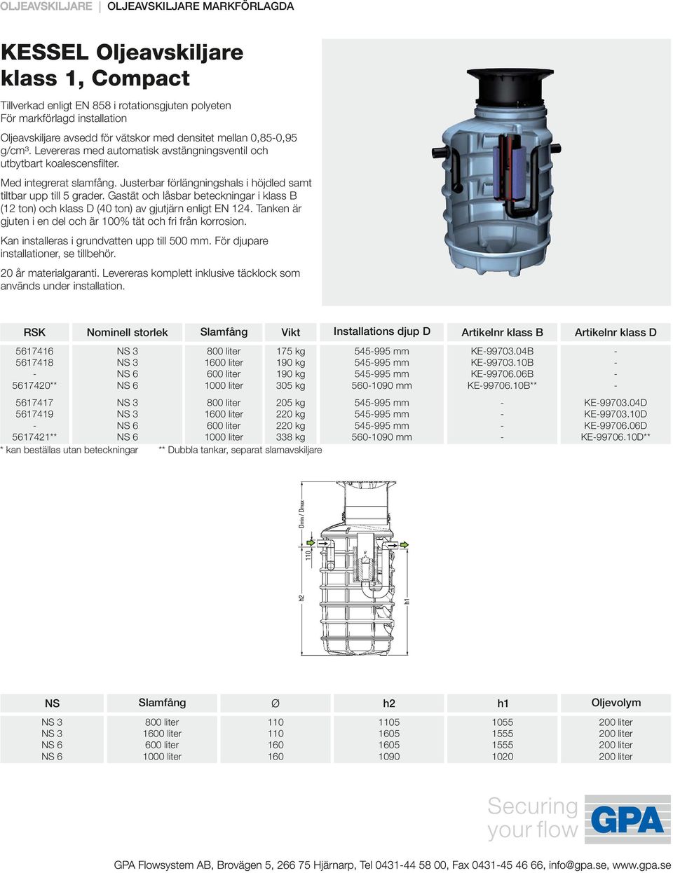 Tanken är gjuten i en del och är 100% tät och fri från korrosion. Kan installeras i grundvatten upp till 500 mm. För djupare installationer, se tillbehör. 20 år materialgaranti.