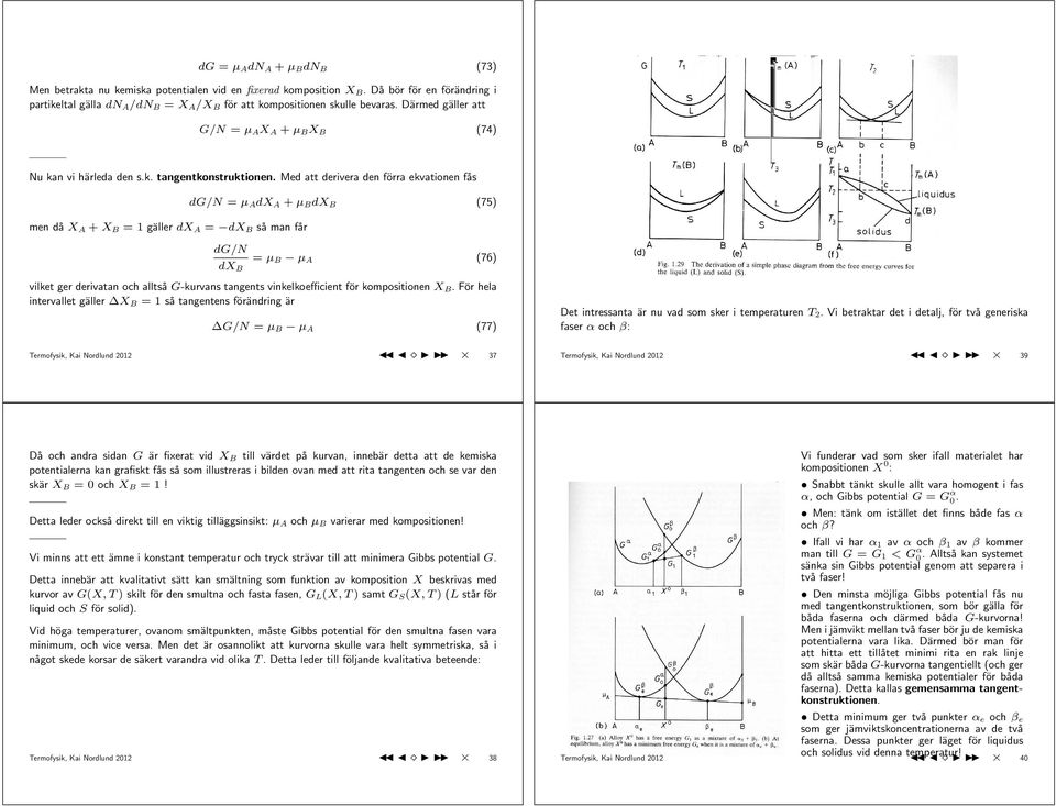 Med att derivera den förra ekvationen fås men då X A + X B = 1 gäller dx A = dx B så man får dg/n = µ A dx A + µ B dx B (75) dg/n dx B = µ B µ A (76) vilket ger derivatan och alltså G-kurvans