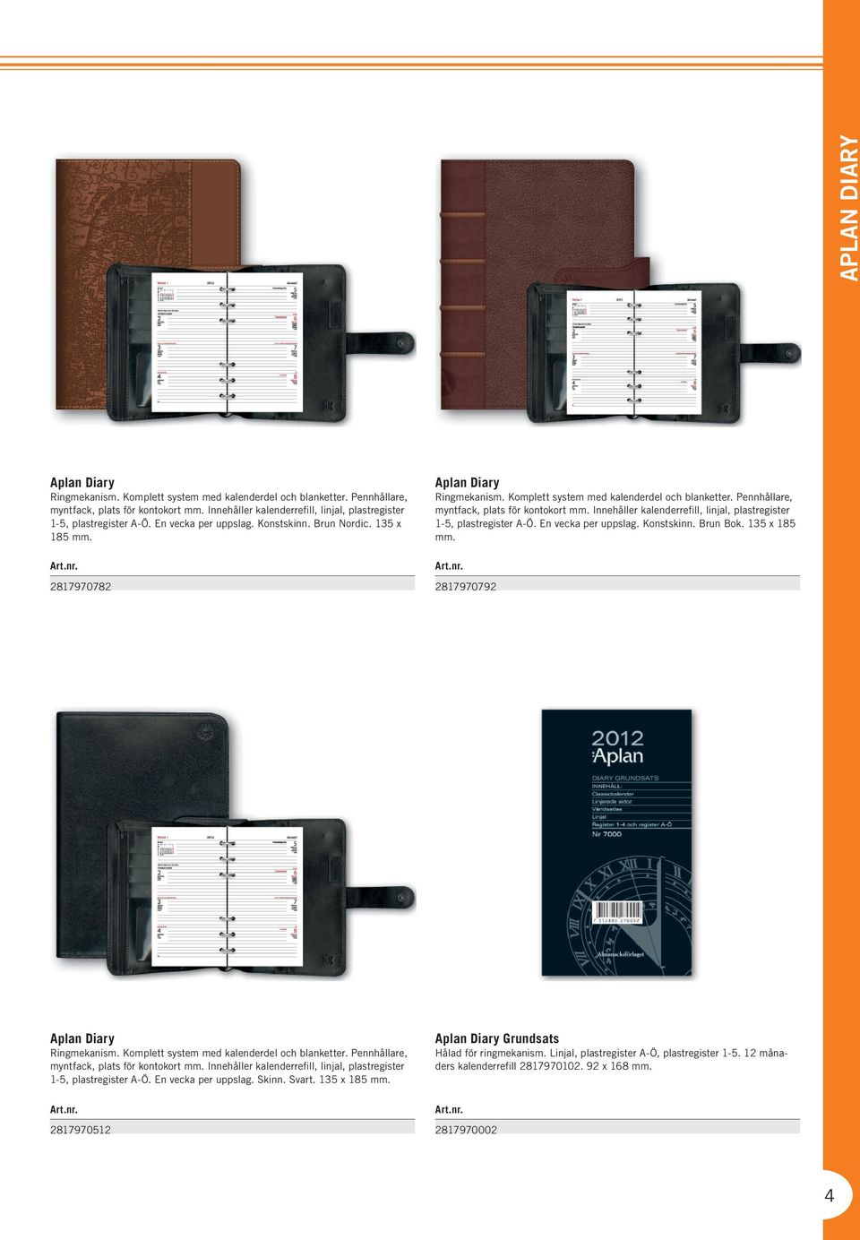 Komplett system med kalenderdel och blanketter. Pennhållare, myntfack, plats för kontokort mm. Innehåller kalenderrefill, linjal, plastregister 1-5, plastregister A-Ö. En vecka per uppslag.