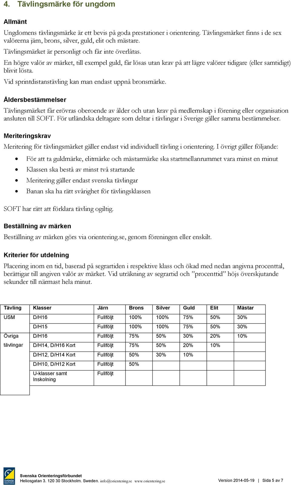 Vid sprintdistanstävling kan man endast uppnå bronsmärke. Åldersbestämmelser Tävlingsmärket får erövras oberoende av ålder och utan krav på medlemskap i förening eller organisation ansluten till SOFT.