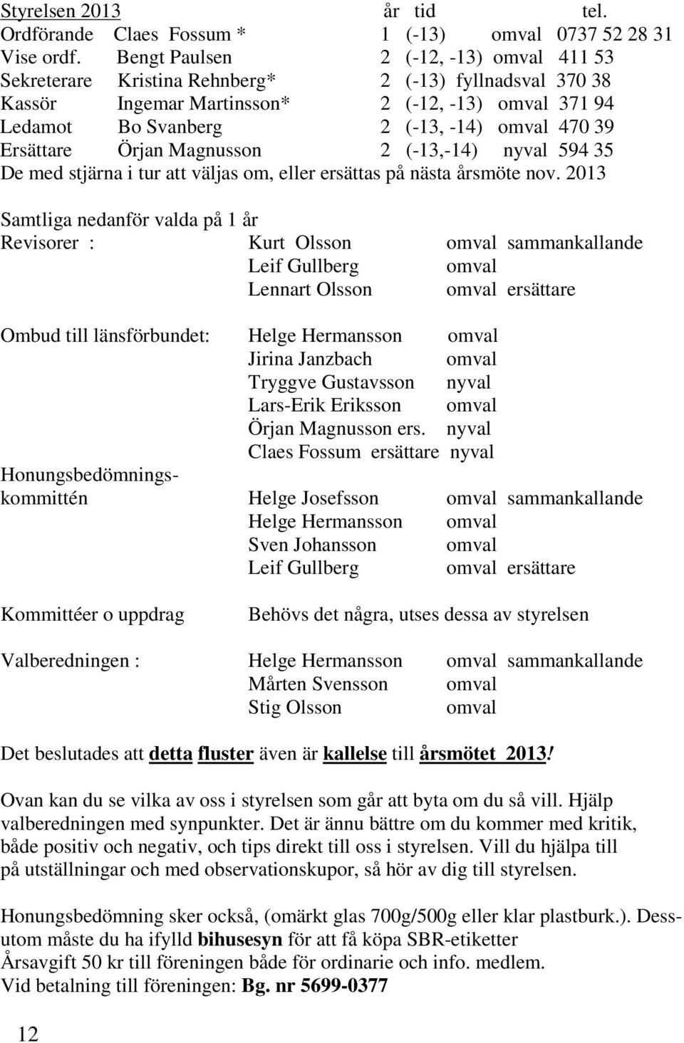 Ersättare Örjan Magnusson 2 (-13,-14) nyval 594 35 De med stjärna i tur att väljas om, eller ersättas på nästa årsmöte nov.