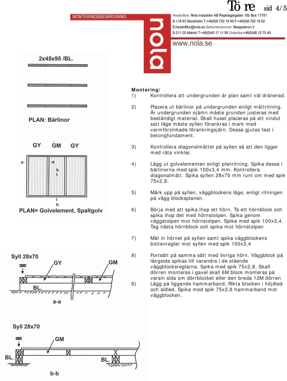 Dessa gjutes fast i betongfundament. 3) Kontrollera diagonalmåttet på syllen så att den ligger med räta vinklar. 4) Lägg ut golvelementen enligt planritning. Spika dessa i bärlinorna med spik 100x3.