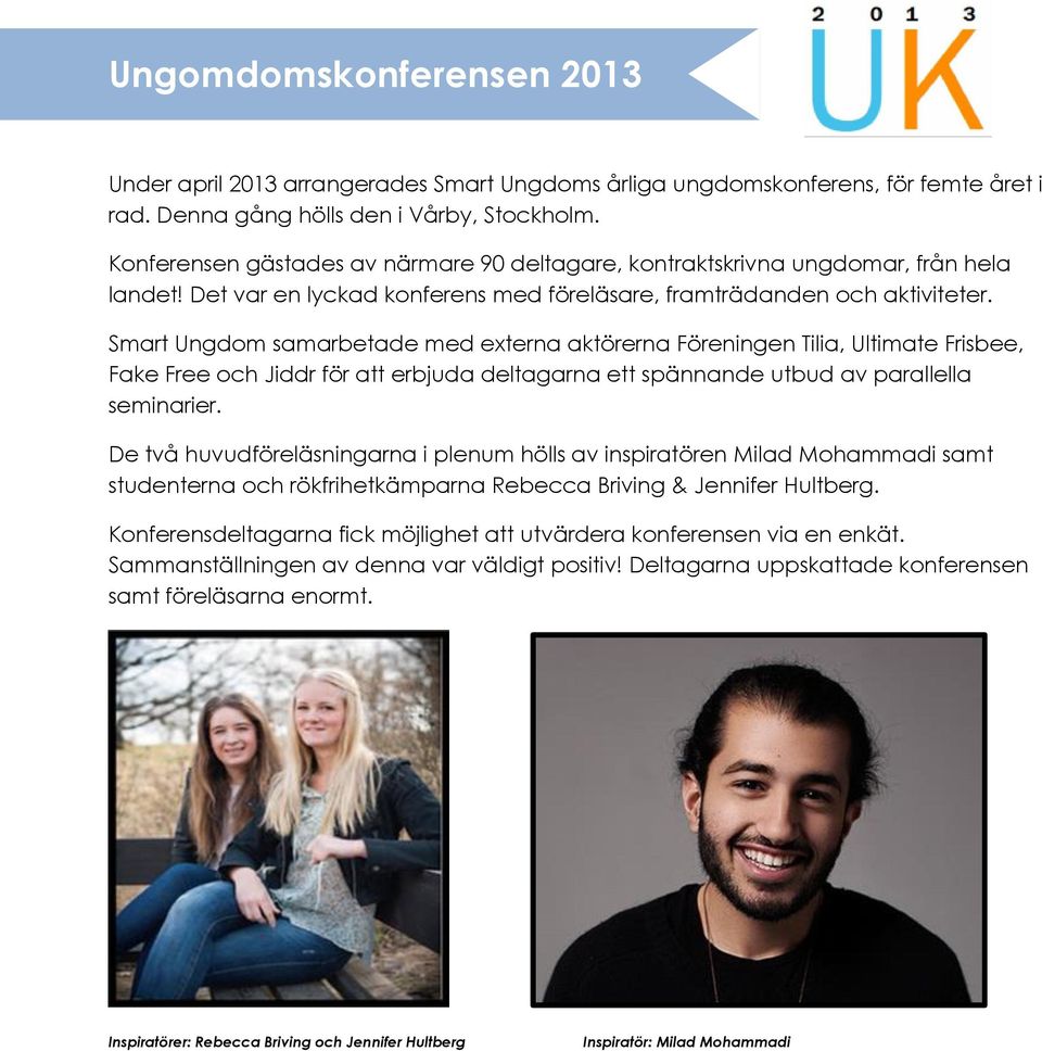 Smart Ungdom samarbetade med externa aktörerna Föreningen Tilia, Ultimate Frisbee, Fake Free och Jiddr för att erbjuda deltagarna ett spännande utbud av parallella seminarier.