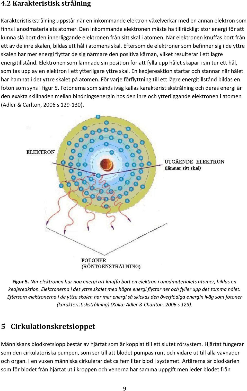 När elektronen knuffas bort från ett av de inre skalen, bildas ett hål i atomens skal.