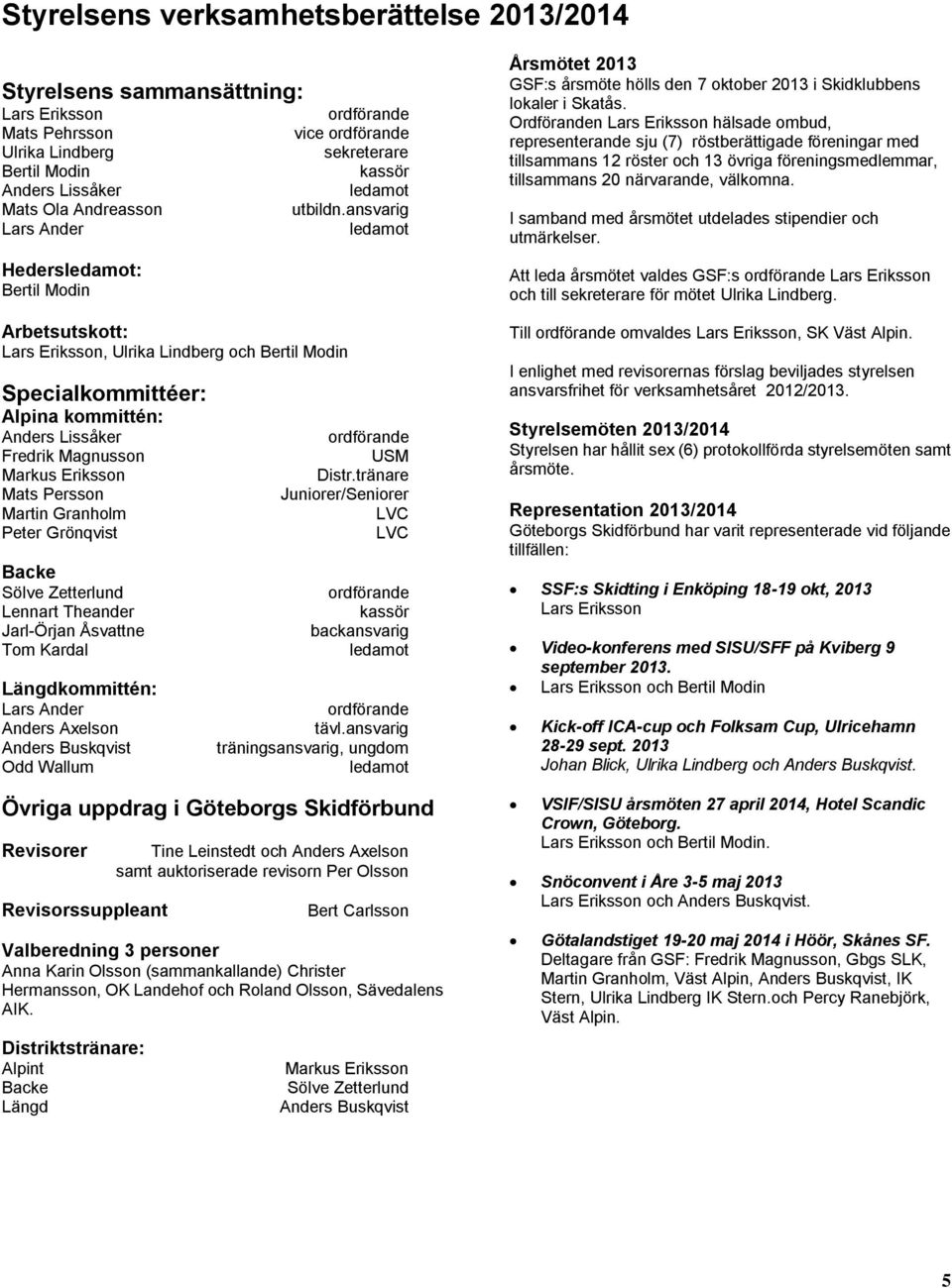 ansvarig ledamot Arbetsutskott: Lars Eriksson, Ulrika Lindberg och Bertil Modin Specialkommittéer: Alpina kommittén: Anders Lissåker Fredrik Magnusson Markus Eriksson Mats Persson Martin Granholm