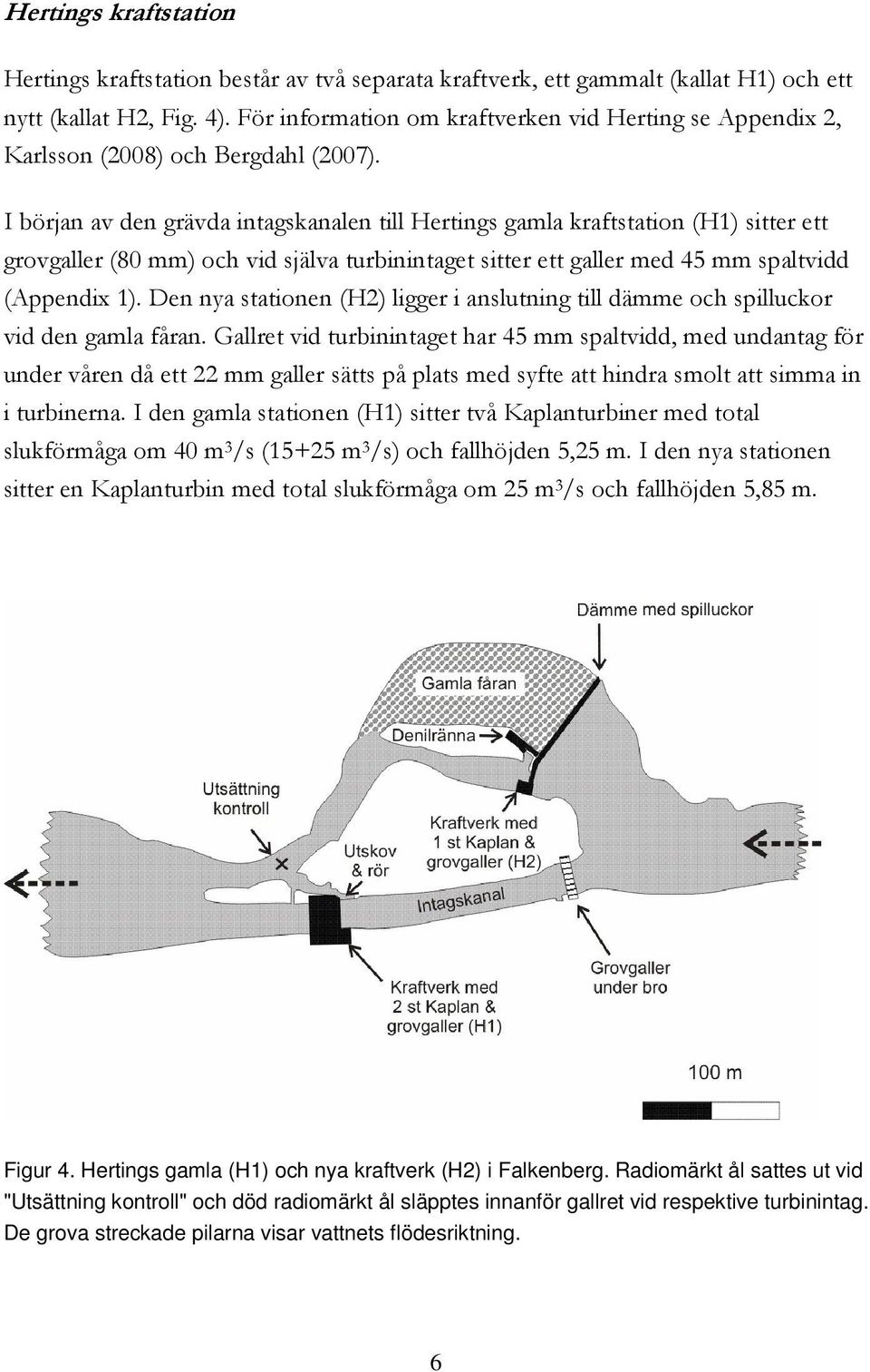 I början av den grävda intagskanalen till Hertings gamla kraftstation (H1) sitter ett grovgaller (80 mm) och vid själva turbinintaget sitter ett galler med 45 mm spaltvidd (Appendix 1).