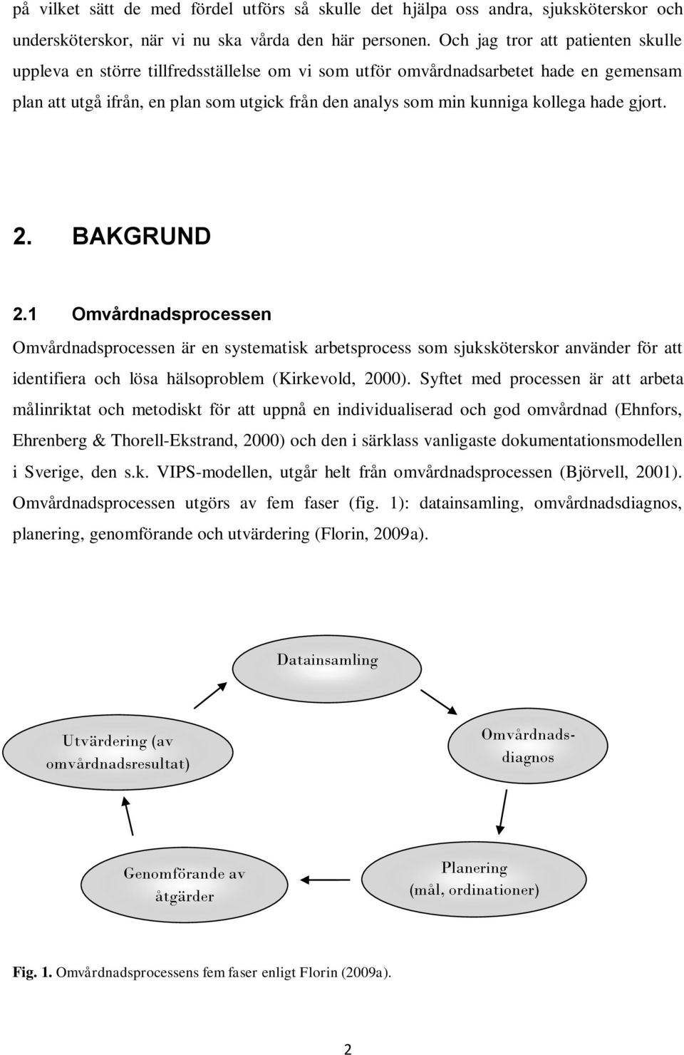 kollega hade gjort. 2. BAKGRUND 2.1 Omvårdnadsprocessen Omvårdnadsprocessen är en systematisk arbetsprocess som sjuksköterskor använder för att identifiera och lösa hälsoproblem (Kirkevold, 2000).