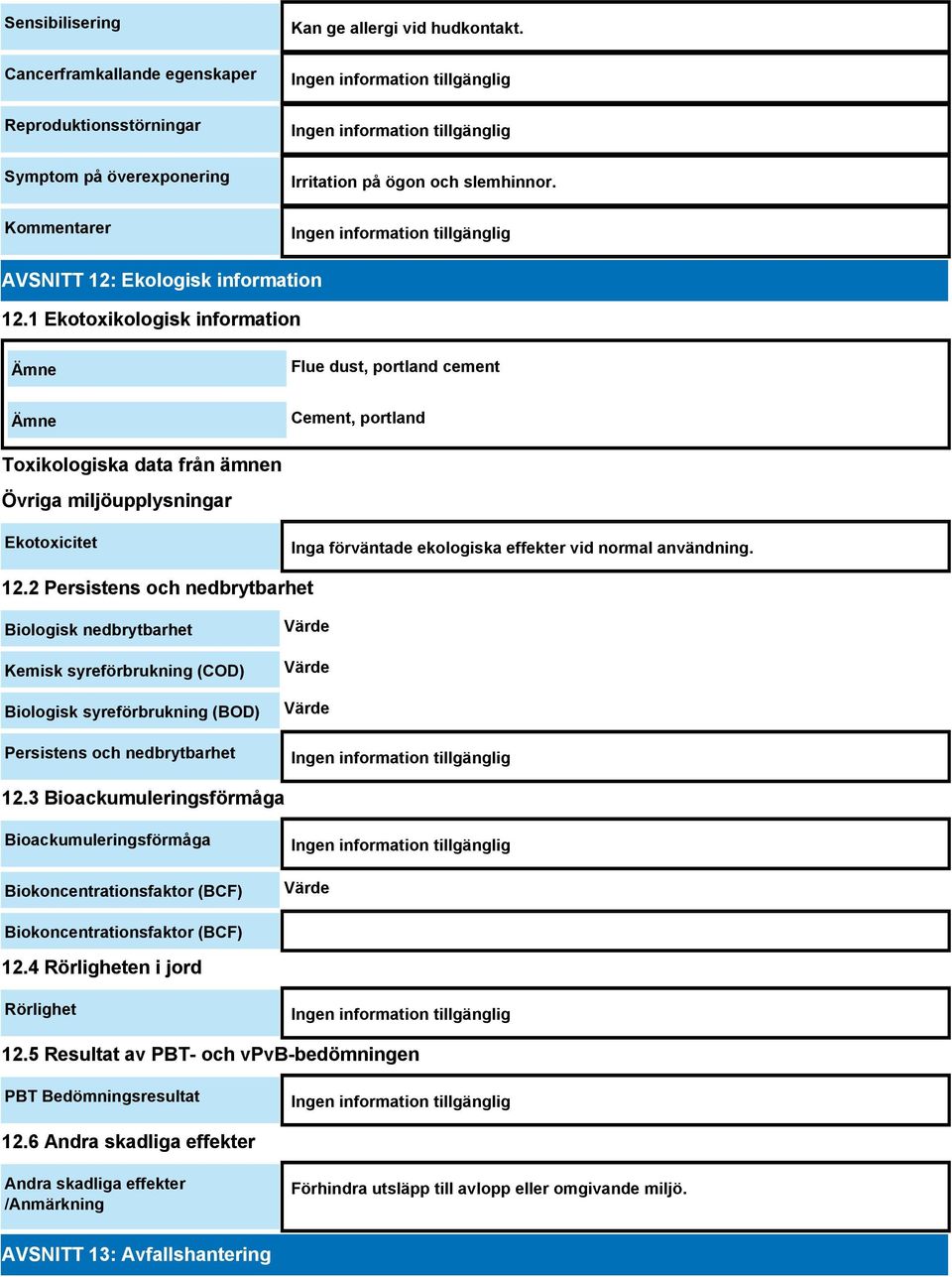 användning. 12.2 Persistens och nedbrytbarhet Biologisk nedbrytbarhet Kemisk syreförbrukning (COD) Biologisk syreförbrukning (BOD) Persistens och nedbrytbarhet Värde Värde Värde 12.