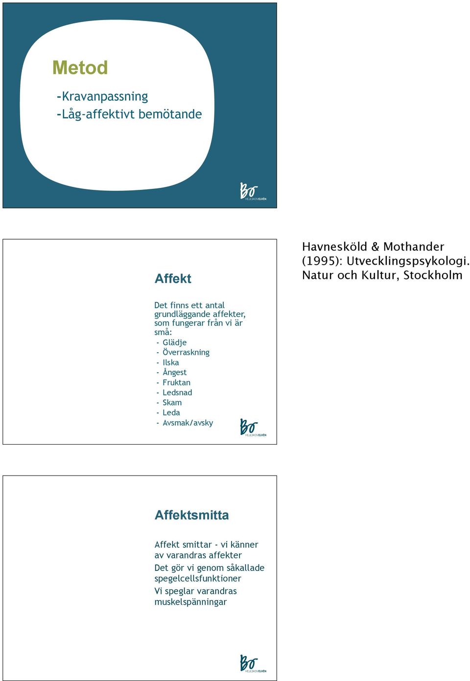 Överraskning - Ilska - Ångest - Fruktan - Ledsnad - Skam - Leda - Avsmak/avsky Affektsmitta Affekt smittar - vi