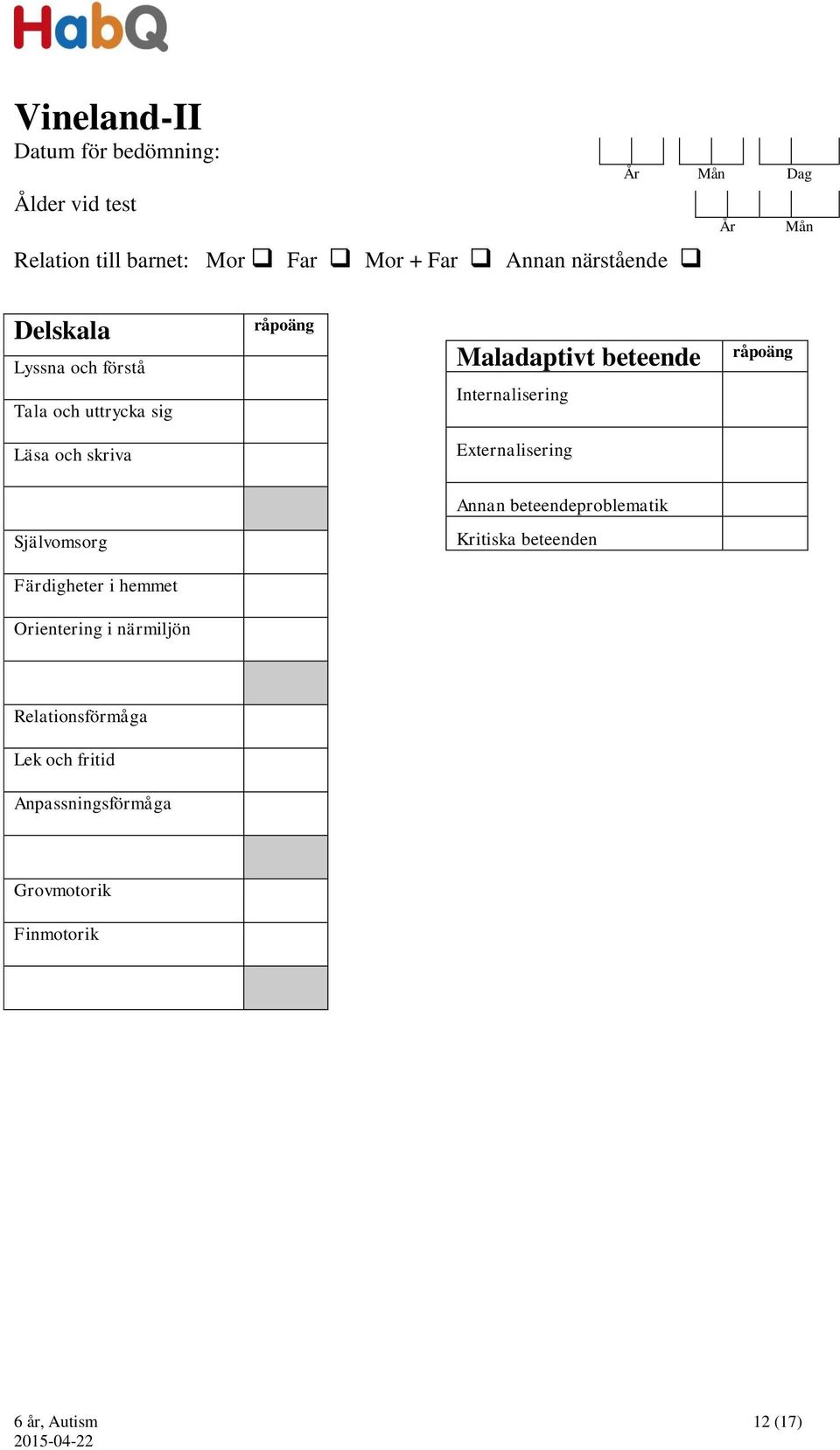 och skriva Externalisering Annan beteendeproblematik Självomsorg Kritiska beteenden Färdigheter i hemmet