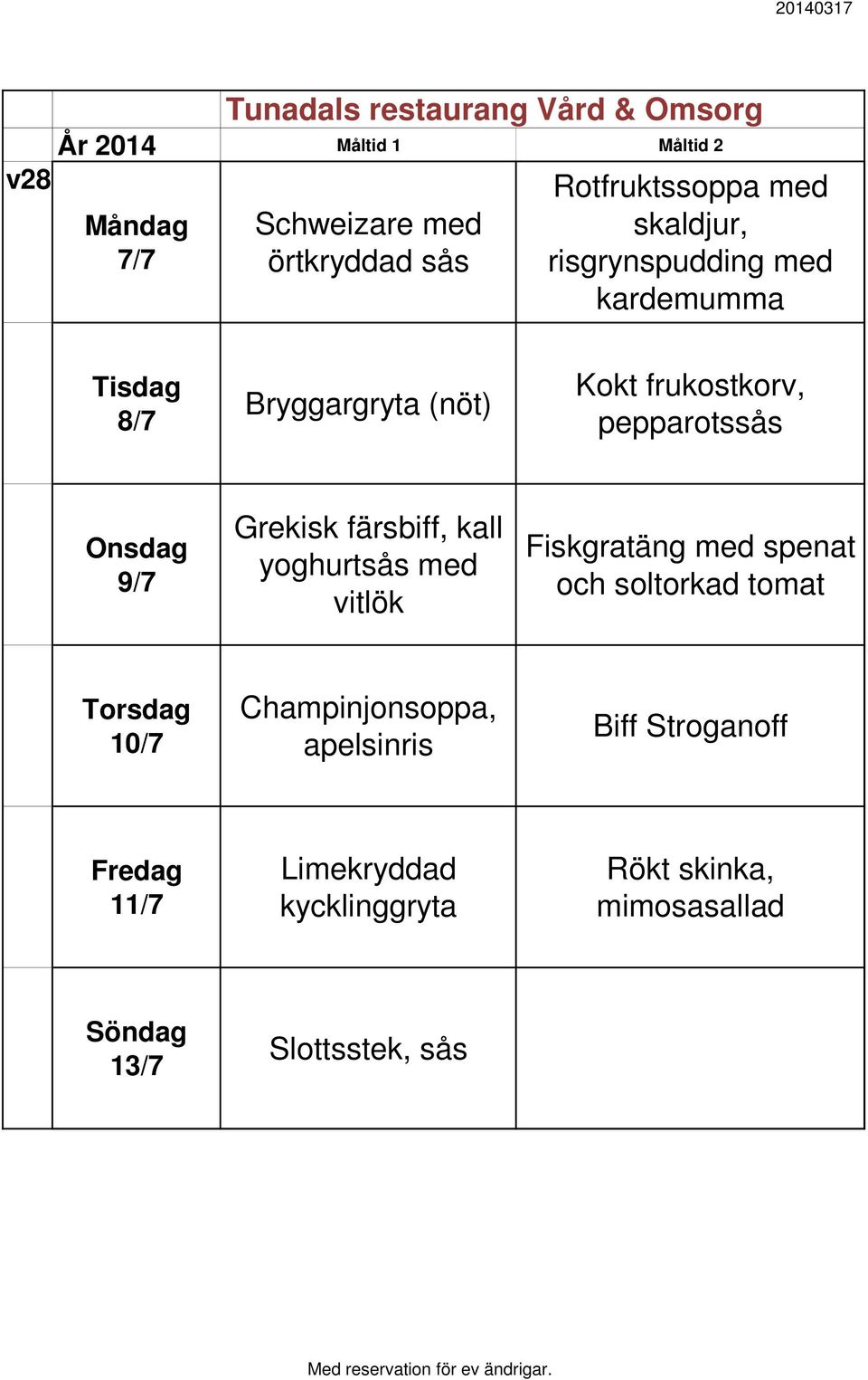 yoghurtsås med vitlök Fiskgratäng med spenat och soltorkad tomat 10/7 Champinjonsoppa,