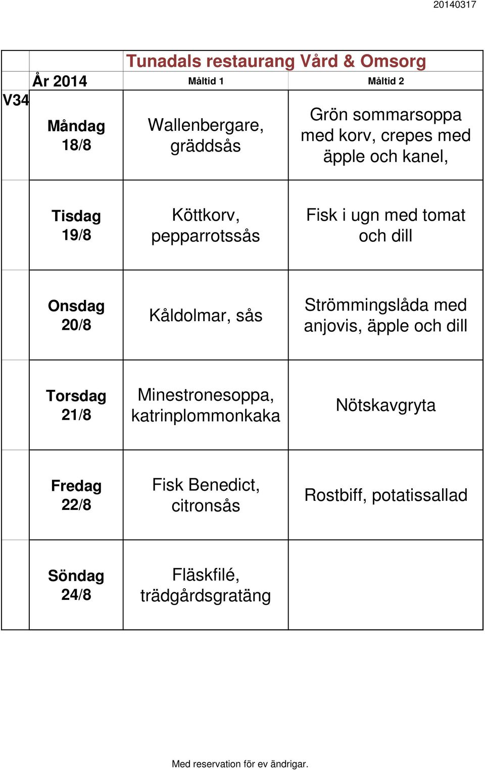 Strömmingslåda med anjovis, äpple och dill 21/8 Minestronesoppa, katrinplommonkaka