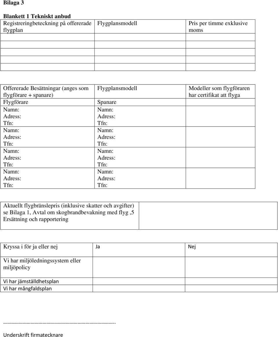 flygbränslepris (inklusive skatter och avgifter) se Bilaga 1, Avtal om skogbrandbevakning med flyg,5 Ersättning och rapportering Kryssa i