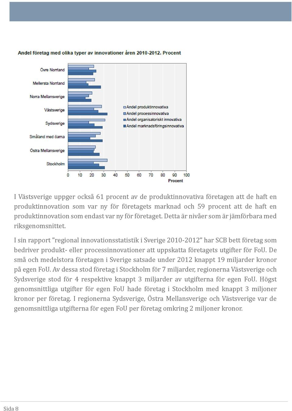 I sin råpport regionål innovåtionsståtistik i Sverige 2010-2012 hår SCB bett fo retåg som bedriver produkt- eller processinnovåtioner ått uppskåttå fo retågets utgifter fo r FoU.