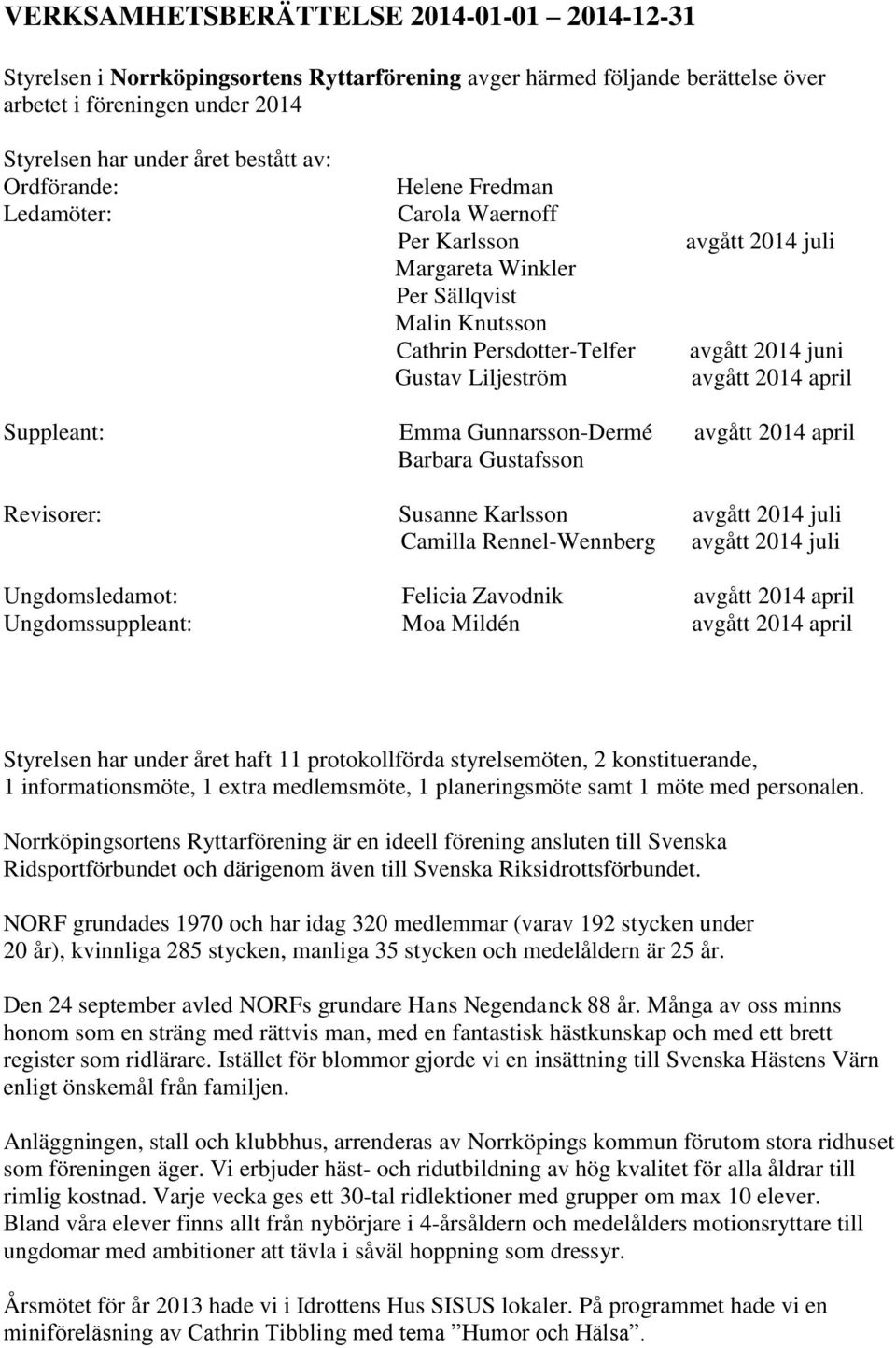 2014 april Suppleant: Emma Gunnarsson-Dermé avgått 2014 april Barbara Gustafsson Revisorer: Susanne Karlsson avgått 2014 juli Camilla Rennel-Wennberg avgått 2014 juli Ungdomsledamot: Felicia Zavodnik