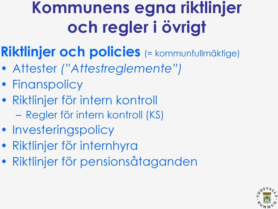 Finanspolicy Riktlinjer för intern kontroll Regler för intern