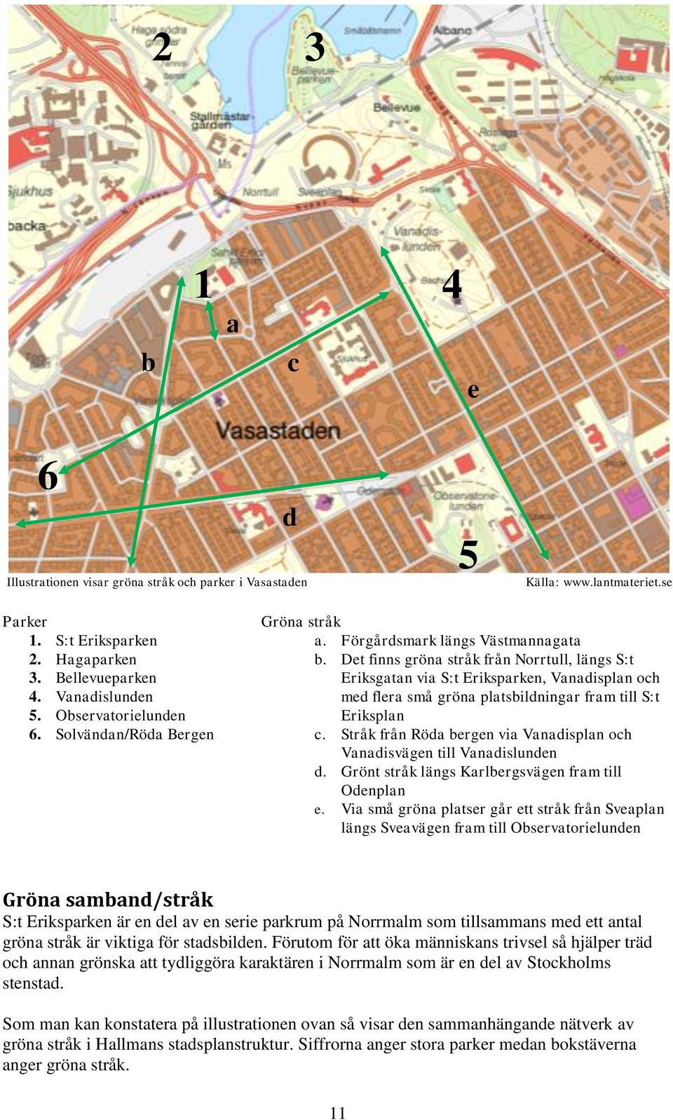 Det finns gröna stråk från Norrtull, längs S:t Eriksgatan via S:t Eriksparken, Vanadisplan och med flera små gröna platsbildningar fram till S:t Eriksplan c.