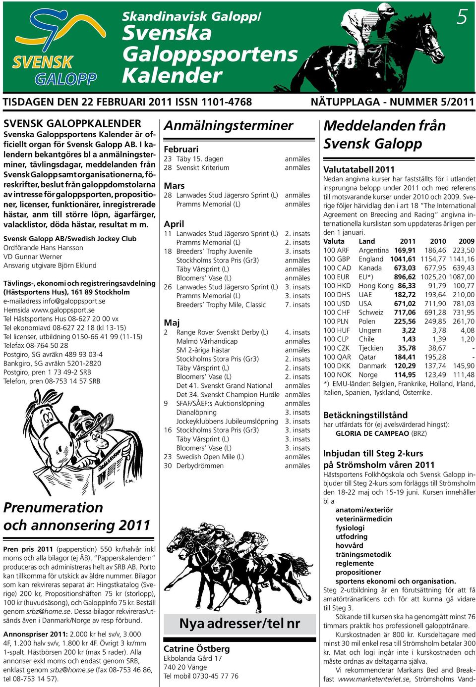 I kalendern bekantgöres bl a anmälningsterminer, tävlingsda gar, meddelanden från Svensk Galopp samt or ganisationerna, före skrif ter, beslut från galopp domstolarna av intresse för galoppsporten,
